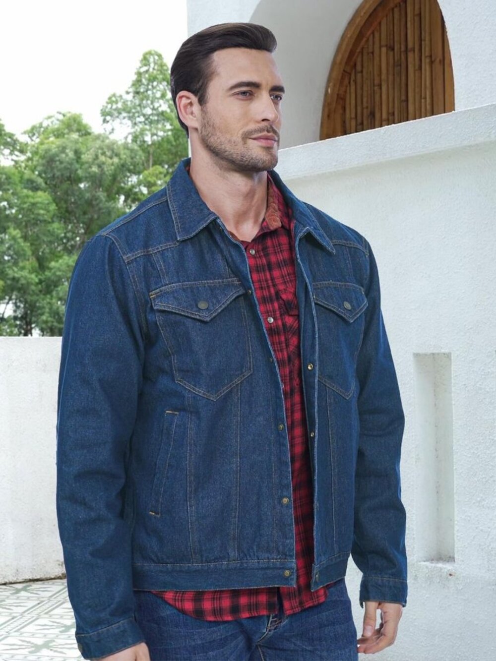 Rugged Men's Flannel Lined Denim Jacket - Vintage Western Trucker with Pockets - Picture 2 of 6